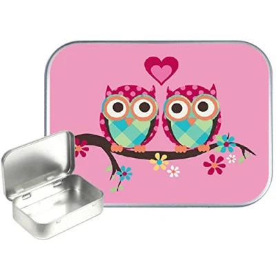 Image of TEEZ Pink Owl 30ml Small Silver Hinged Tin, Pill 1oz Tobacco Tin