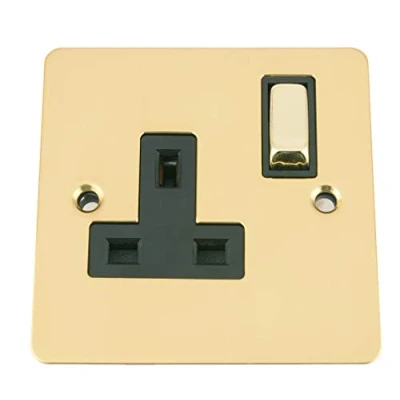 Image of A5 Wall Socket 1 Gang Polished Brass Flat Black Insert Metal Rocker Switch 13A Single Plug