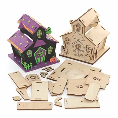 Image of Baker Ross FE764 Haunted House Wooden Model Kit Pack of 3, Tealight Holder to Decorate and Display, Crafts for Children, Ideal Halloween Arts Project