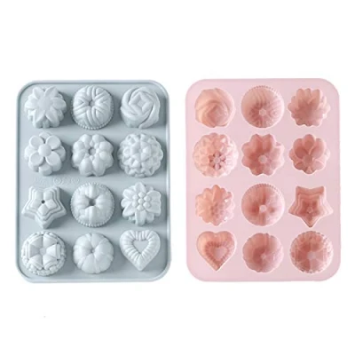 Image of Etern 2PCS Cake Molds, Silicone Flowers Moulds, 12 Cavity Forms Baking for Cookie Candy Making Chocolate Ice Cube Jelly Pudding (Pink, Gray Blue)