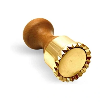 Image of La Gondola Homemade Ravioli Stamp Round Festooned 50mm Italian Pasta Making Tool for Home and Business Brass &amp; Natural Wood Sturdy Easy to Use Cutter Made in Italy