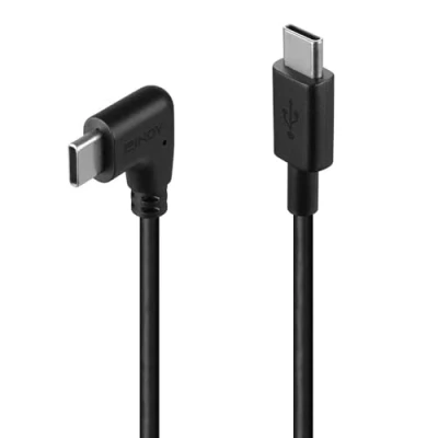 Image of LINDY 0.5m USB 2.0 Type C Cable with 1 x 90 Right Angle Connector Ideal for Tight Spaces, 60W power delivery charging, 480Mbps Data Transfer, laptop, tablet &amp; mobile phones