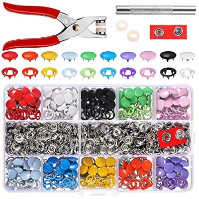 Image of Snap Fasteners Set of 200 Metal Ring Button Poppers for Baby Children&#039;s Clothing Sewing Craft 9.5 mm 10 Colours Hollow Fixed