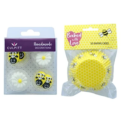 Image of Culpitt Baked with Love Bumble Bees Cupcake Decorating Kit, Cake Kit 50 Cases and 12 Bee Daisy Sugar Baking Decorations
