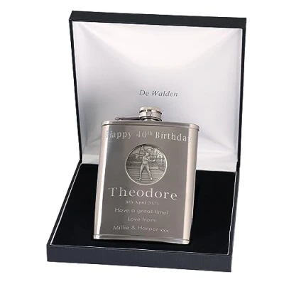 Image of 40th Birthday Engraved Hip Flask with Golfer Feature in Gift Box