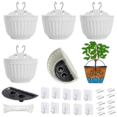 Image of 5 Pack Resin Wall Hanging Planter Pot Vertical Garden Living Mount Window Hang Indoor Outdoor Plant Flower Basket for Kitchen Herbs Balcony Railing Shelf Fence Bedroom Trellis Decor Modern White