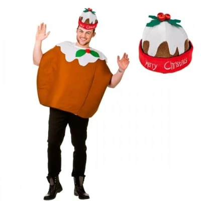 Image of Adult Christmas Pudding Costume + Hat : Unisex Xmas Food Novelty Fancy Dress