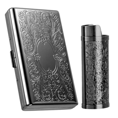 Image of Vintage Metal Cigarette Case with J6 Lighter Case, Holds 12pcs 100mm Cigarettes, Can Also Be Used for RFID Credit Card and Cash Storage (Black, 100&#039;s)