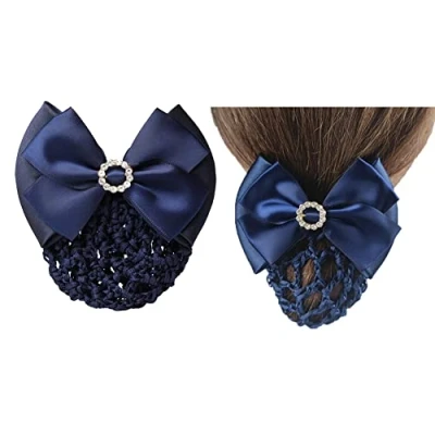 Image of 1Pcs Blue Rhinestone Satin Bow Barrette Bowknot Snood Net Hair Clip Bun Cover Hairnet Decor French Women ladies Girls Accessories