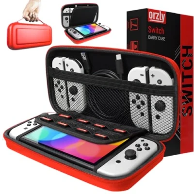 Image of Orzly Carrying case for Nintendo Switch OLED and Console Red Protective Hard Portable Travel Shell Pouch &amp; Accessories