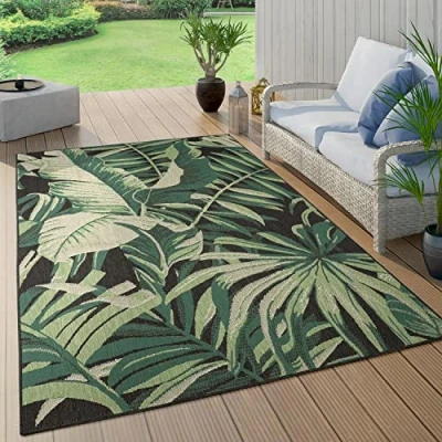 Image of Paco Home Outdoor Rug For Garden Area Living Room Kitchen Palm Leaves Pattern Jungle Floral Aztec Pattern, Size:80x150 cm, Colour:Black 5