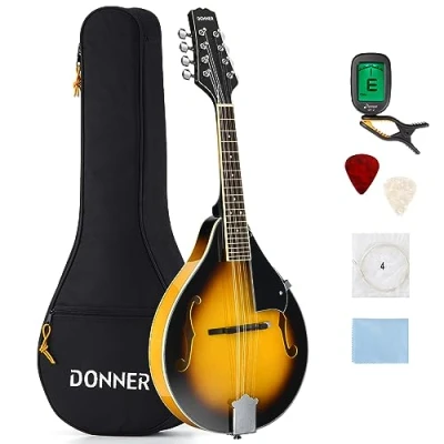 Image of Donner Mandolin Instrument Mahogany Sunburst A Style with Tuner, String, Gig Bag, Guitar Picks (DML 1)