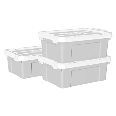 Image of Cetomo 15L*3 Storage Boxes, Carry Plastic Box with Lids, Organizing Container Handle and Secure Latching Buckles, Stackable, Nestable, Tote Bin for Home Office Clothes, 15L 3Pack, Gray