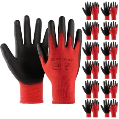 Image of Velway 12 Pairs Safety Work Gloves Firm Grip Gardening Non Slip PU Coated Lightweight Breathable Protective Mechanic Builders Working Men Women for General Duty Red (Size 7/S)