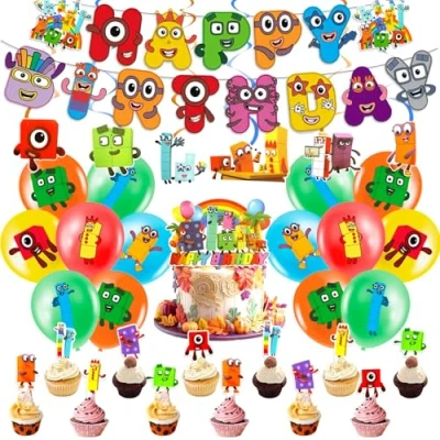 Image of 40PCS Number Birthday Decorations, Blocks Party Decorations With Banner Latex Balloons Cake Topper Cupcake Toppers Spiral Theme Supplies for Kids Baby Shower