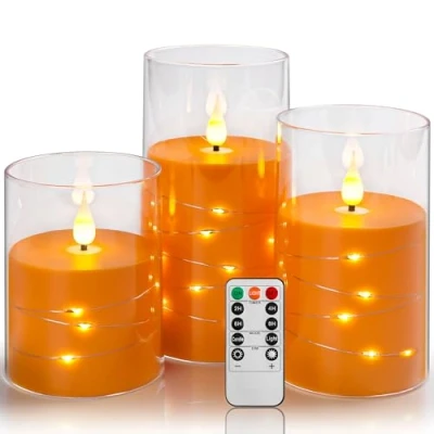 Image of Da by LED Candle, Orange String Battery 3 Piece Flameless Candle with Recessed 24 Hour Timer (No Battery)