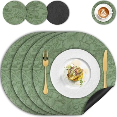 Image of Placemats and Coaster Sets 4, Round Floral Leather Place Mats 34cm, Heat Resistant Non Slip Washable, Dual Sided Two Color Kitchen Coffee Table for Home Dining Restaurant Hotel(Green Black)