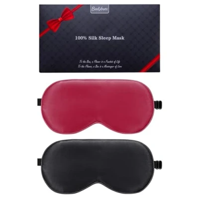 Image of BeeVines Silk Sleep Mask, 2 Pack 100% Real Natural Pure Eye Mask with Adjustable Strap, Sleeping Shade Cover for Summer Travel Reduces Puffy Eyes (Black &amp; Red)
