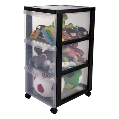 Image of Iris Ohyama, Plastic Drawers Storage Unit, Drawers, A4 Format &amp; 4 Wheels, H61.5cm/3 BPA Free, Black, W40 x D29 H61.5cm, DC 303