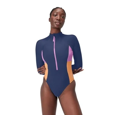 Image of Speedo Women&#039;s Long Sleeve Zip Colourblock 1 Piece Swimsuit One Swim Fitness, Cerulean Blue, L