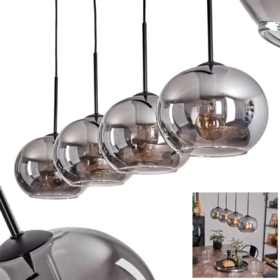 Image of Apedo Pendant lamp, Metal/Glass lamp in Black/Smoke Colour, Vintage/Retro Design luminaire with Glass Shades (Ø 20 cm), max. Height 147.5 cm, 4 x E27, Without Bulbs