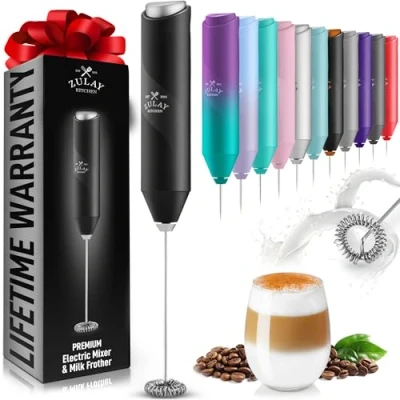 Image of Zulay Kitchen Powerful Milk Frother Wand Mini Handheld Stainless Steel Battery Operated Drink Mixer for Coffee, Lattes, Cappuccino, Matcha Froth Mate Gift Black
