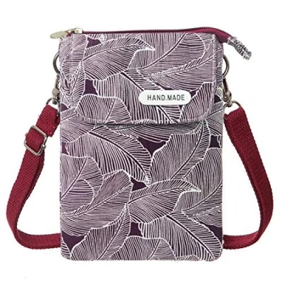 Image of LassZone Canvas Cute Crossbody Handbags Cell Phone Purse Wallet Leaves Pattern Small Change Pouch Bags for Women Girls