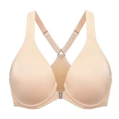 Image of Delimira Women&#039;s Front Fastening Bras Seamless Unlined Racer Back Plus Size Underwired Plunge Bra Taupe Tan 42B