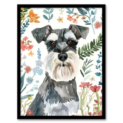 Image of Artery8 Dog Lover Miniature Schnauzer Floral Portrait Living Room Artwork Framed Wall Art Print 18X24 Inch