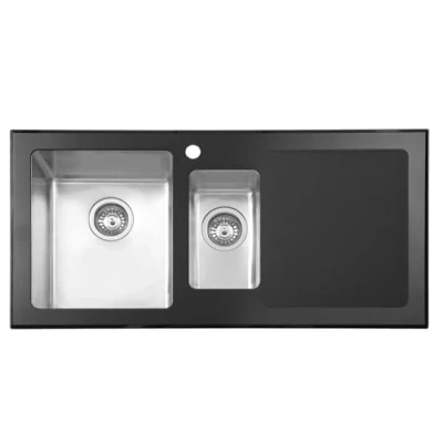Image of JASSFERRY Black Glass Top Kitchen Sink Stainless Steel 1.5 One Half Deep Bowls Right Hand Drainer &amp; Strainer Waste Pipe Kit, 1000 X 500 mm