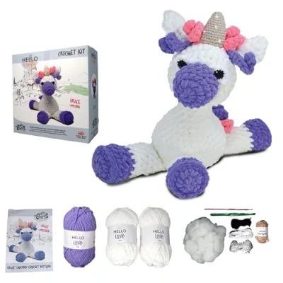 Image of KNITTY CRITTERS Grace Unicorn Crochet kit Contains Super Chunky Yarn Soft Cuddly Finished