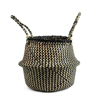 Image of BlueMake Woven Seagrass Belly Basket for Storage Plant Pot and Laundry, Picnic Grocery (Medium, Black Strips)