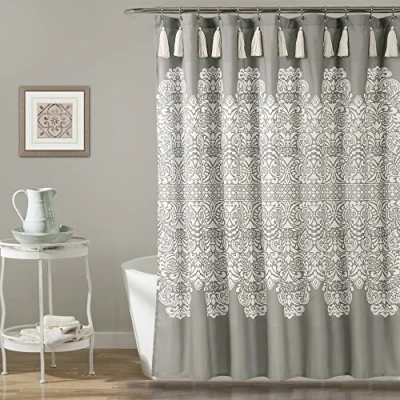 Image of Lush Decor, 72&quot; x 72&quot;, Gray Boho Medallion Shower Curtain Fabric Bohemian Damask Print Design with Tassels