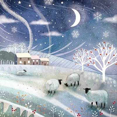 Image of the Almanac Gallery Pack of 8 Charity Christmas Cards &#039;Sheep Under Moon&#039; Lovely Design with Sheep Grazing Against Snowy Night Sky 1
