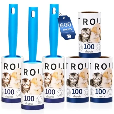 Image of Lint Rollers for Pet Hair Remover, 600 Sheets Mega Value Set, 3 Handle with 6 Extra Sticky Removal, Dog and Cat Remover Clothes, Furniture, Carpet