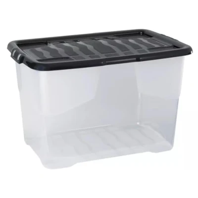 Image of Strata 5 x 65L Curve Plastic Storage Box with Black Lid Stackable, Clear, and Durable Container for Home Office Organization (41cm H 39cm W 60cm D)
