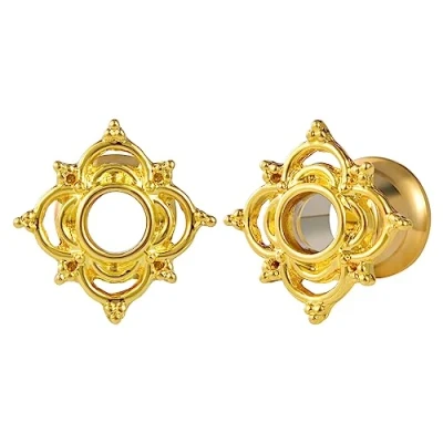 Image of KUBOOZ Vintage Gold Plated Flower Ear Plugs Tunnels Gauges Stretcher Piercings Jewelry