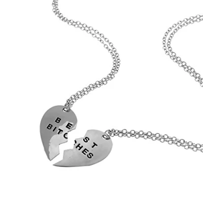 Image of 2 Best Bitches Friendship Necklaces with Heart Shaped Pendant, Best Friends Gifts silver