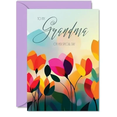Image of Grandma Birthday Card Vibrant Summer Flowers Vivid Happy for from Granddaughter Grandson, A5 Female Floral Bday Golden Greeting Cards