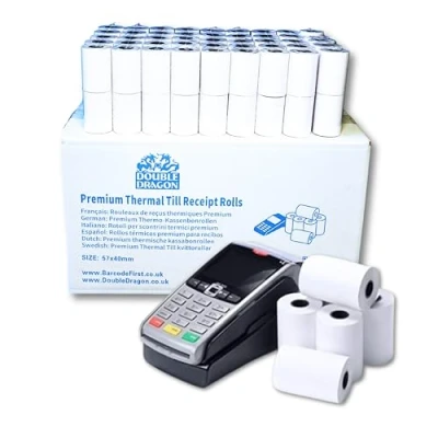 Image of Double Dragon, 57 x 40 mm Premium Thermal Paper Till Receipt Roll for EPOS, POS Terminal, PDQ Credit Card Machine, Cash Register [Pack of 100]