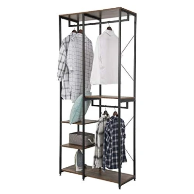 Image of eSituro Heavy Duty Adjustable Clothes Rail, Double Rod Garment Rack,Wooden Coat Stand Clothings Wadrobe Organizer, 5 Tiers Metal Storage Shoe Rack Cabinet Shelves Shelving Unit Vintage