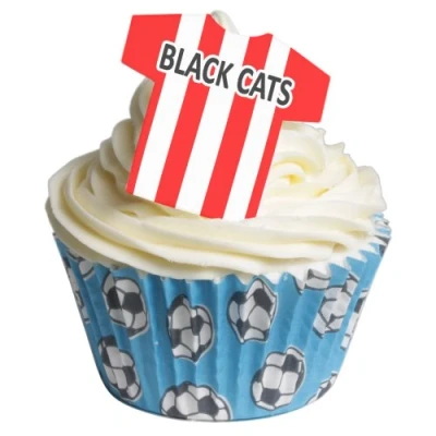 Image of Pack of 12 Black Cats Edible T Shirt Cake Decorations Great for Football Themed Cakes Especially Sunderland Fans 201 170