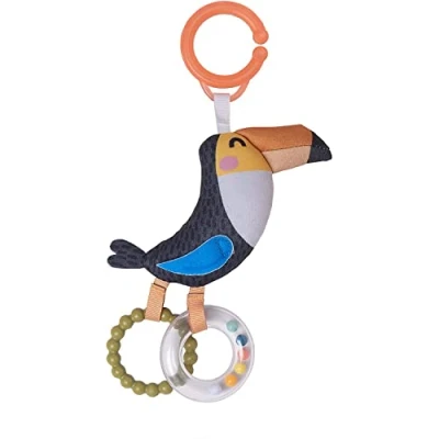 Image of Taf Toys Tuki Toucan Plush Baby Sensory Toy. Includes Clear Rattle Ring, and Crinkling Texture Beak. Attach to Cot or Pram. 0 month +