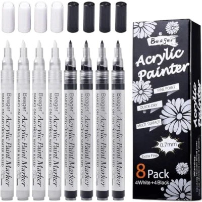Image of Beager Black White Acrylic Paint Pens, 8 Pack 0.7mm Permanent Markers Waterproof Pens