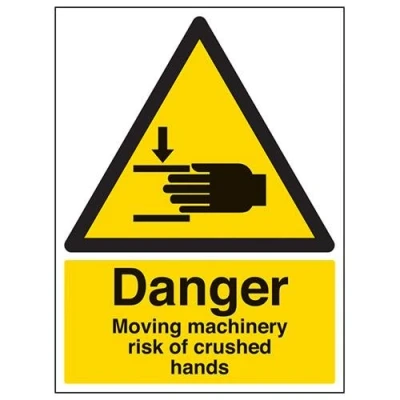 Image of VSafety Danger Moving Machinery Risk Of Trapped Hands Sign Portrait 300mm x 400mm Self Adhesive Vinyl