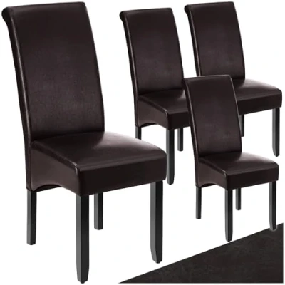 Image of TecTake® Set of 4 Dining Chairs with Faux Leather Covers &amp; Solid Hardwood Legs, Chair Ergonomic Design, Padding High Backrests, Ideal as Kitchen Brown