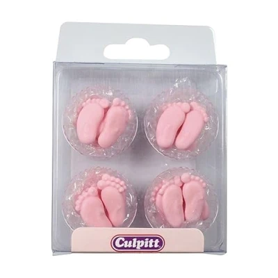 Image of Culpitt Pink Pairs of Feet Sugar Piping Cake Decorations, Cupcake Toppers, Pack 12