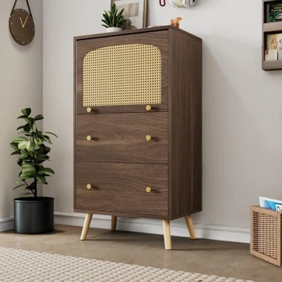 Image of ModernLuxe Rattan Sideboard Storage Cabinet, Breathable Bookcase with 2 Drawers &amp; 1 Upward Flip Door, Particleboard Freestanding Display Cabinets for Bedroom Living Room, Walnut, 60x40x113 cm