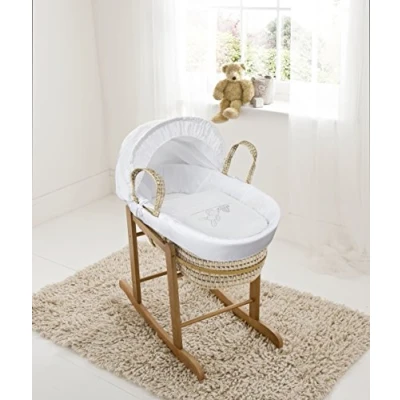 Image of ELEGANT BABY White Teddy Wash Day Palm Moses Basket with Deluxe Natural Rocking Stand, Adjustable Hood, Fibre Mattress &amp; Padded Liner