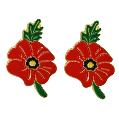 Image of 2 Pcs Red Poppy Flower UK Veteran Solider Remembrance Day Brooch Enamel Pin Badge